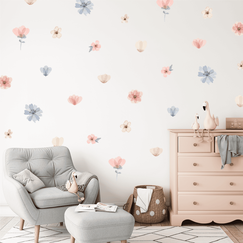 stickers muraux fleurs pastel rose bleu chambre enfant décoration douce