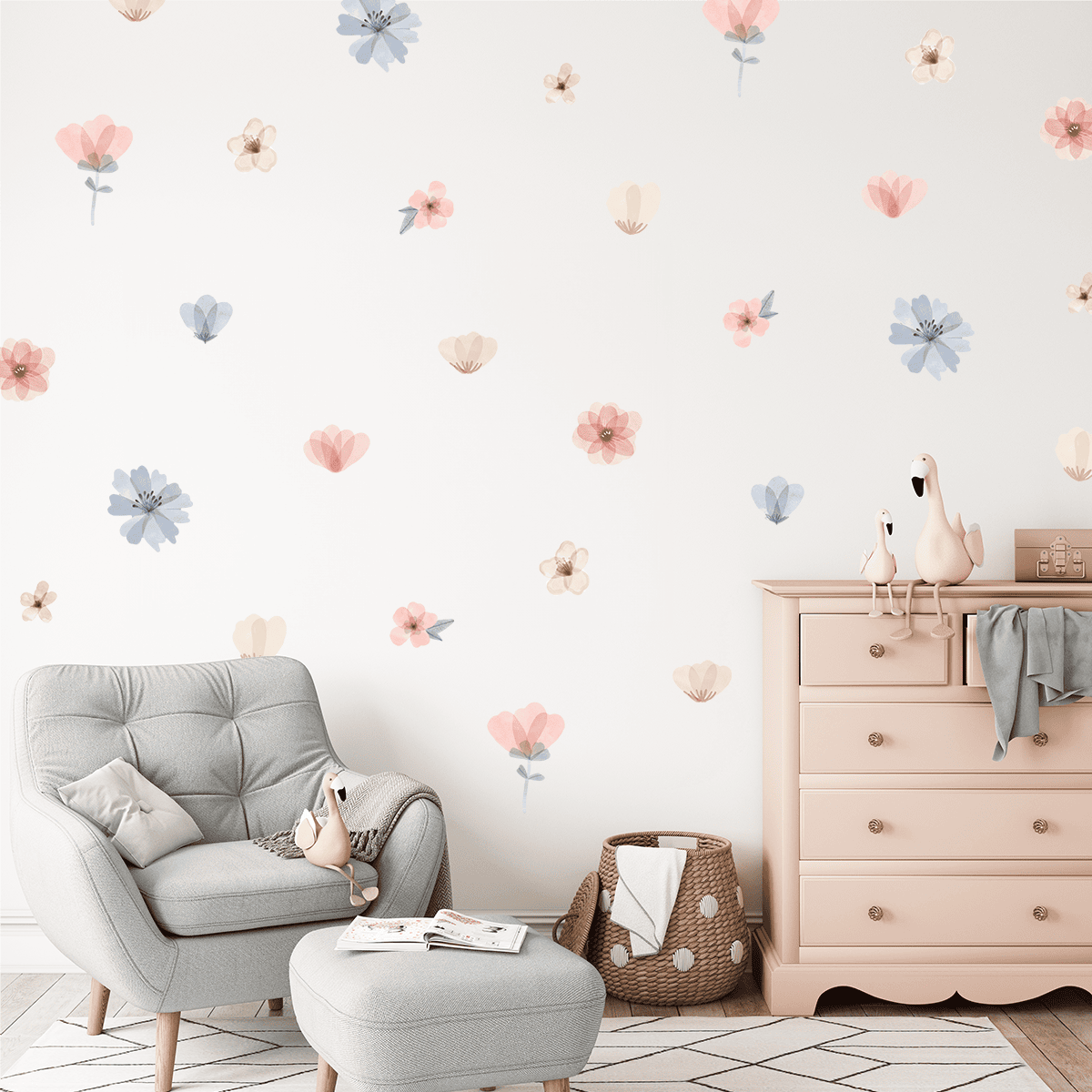 stickers muraux fleurs pastel rose bleu chambre enfant décoration douce