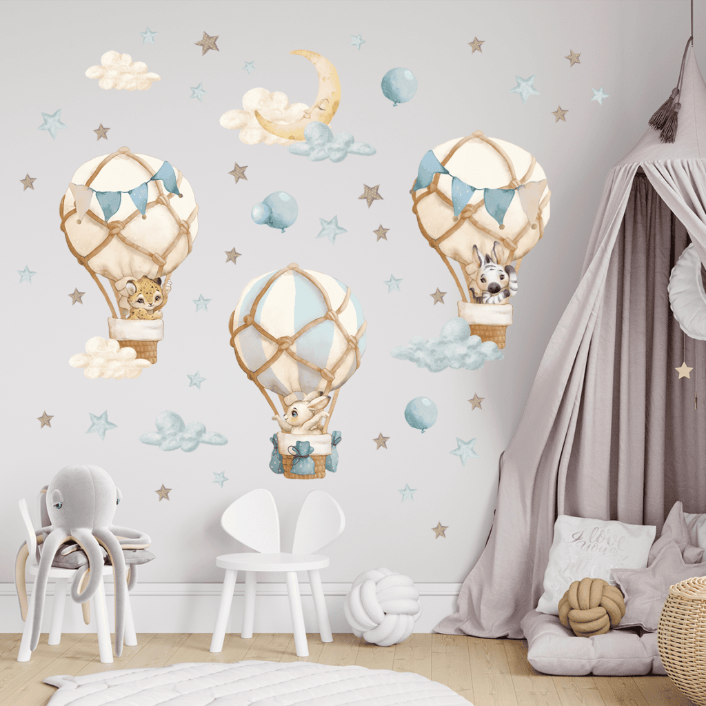 stickers bebe animaux nuages etoiles bleu