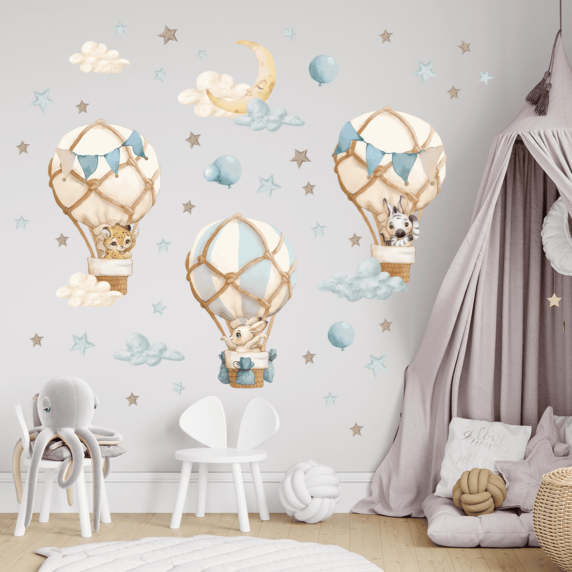 stickers bebe animaux nuages etoiles bleu