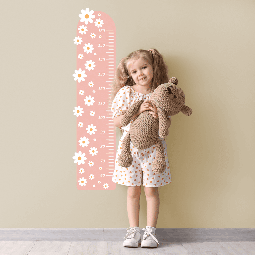 toise murale marguerites fond rose enfant