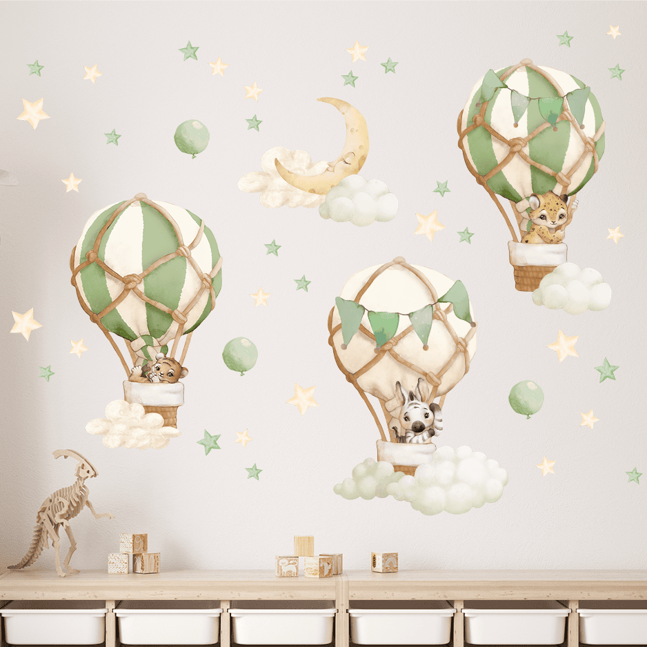 stickers bebe animaux nuages etoiles vert