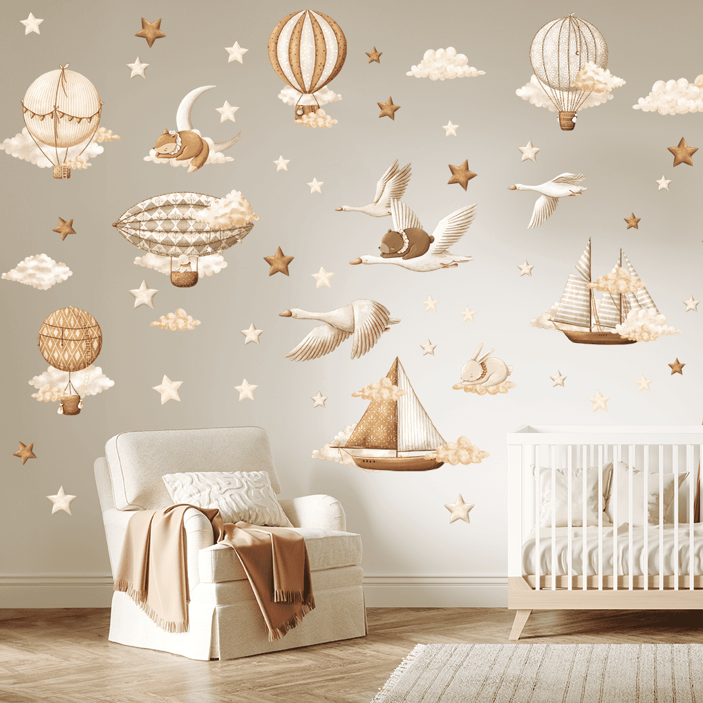 grand sticker mural bebe montgolfieres animaux bateaux