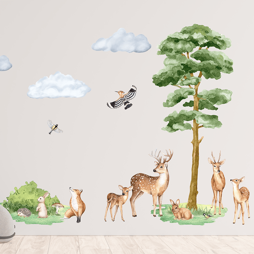 stickers muraux animaux foret aquarelle cerf arbre enfant
