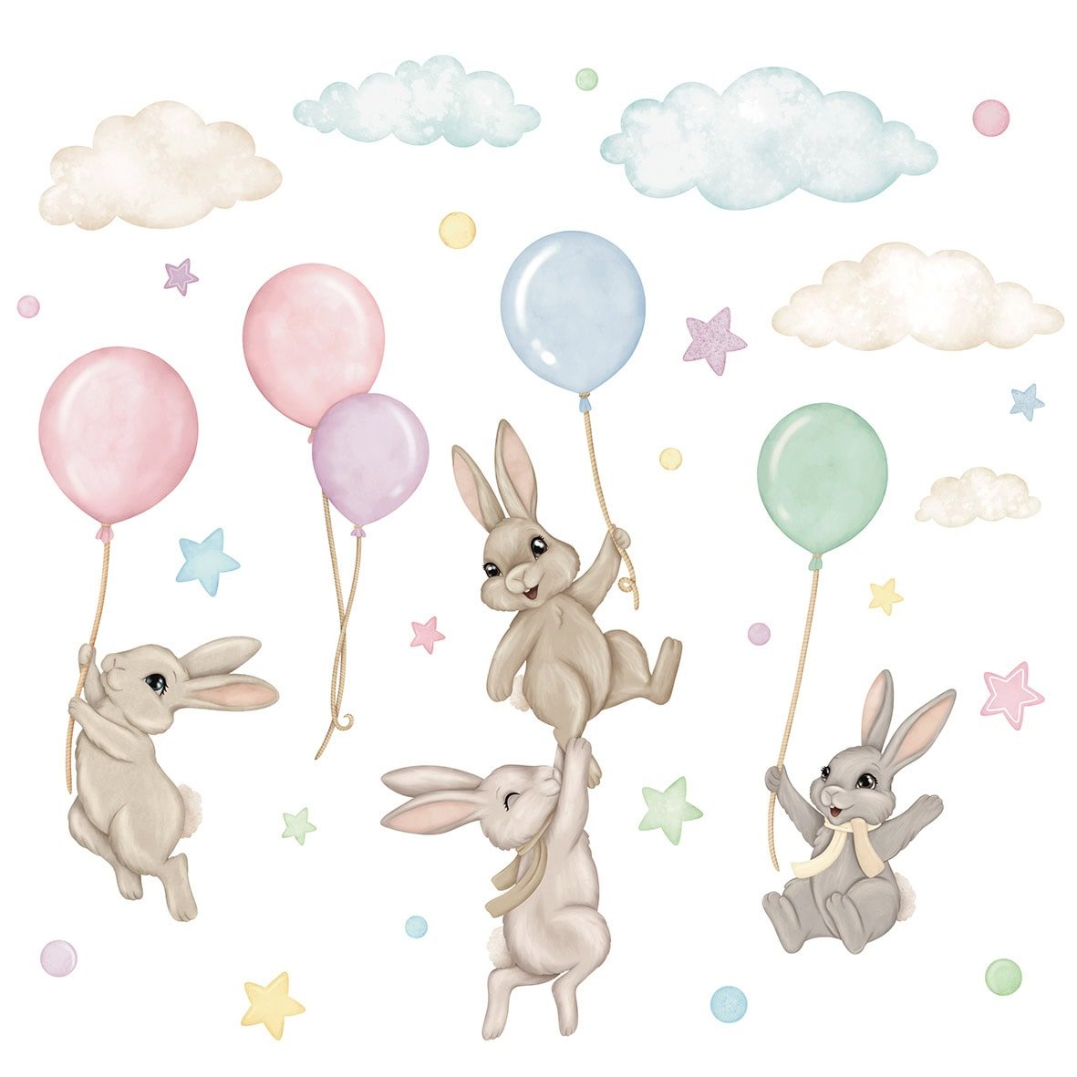 stickers muraux lapins ballons pastel chambre bebe