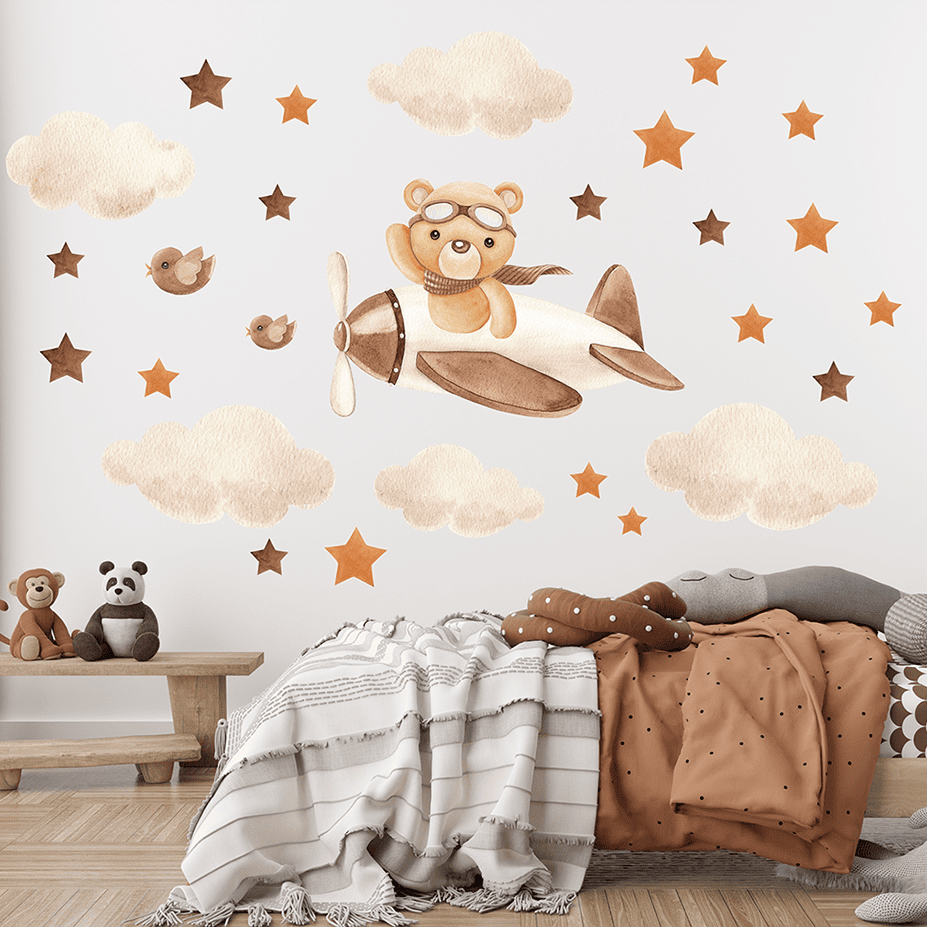 stickers muraux bebe avion nuages etoiles