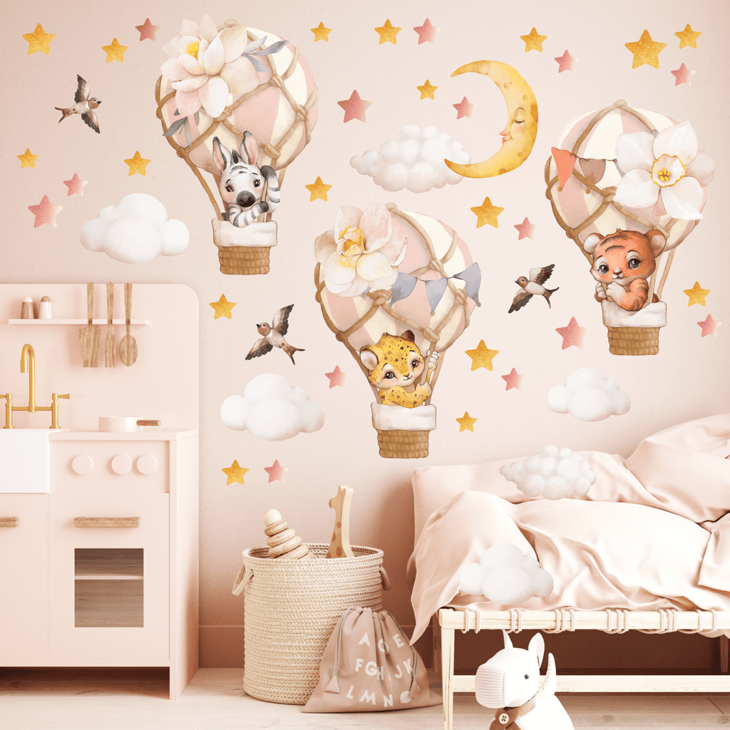 stickers muraux animaux montgolfiere rose