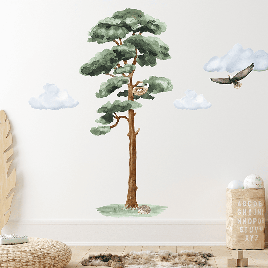 sticker mural arbre enfant pin foret aquarelle