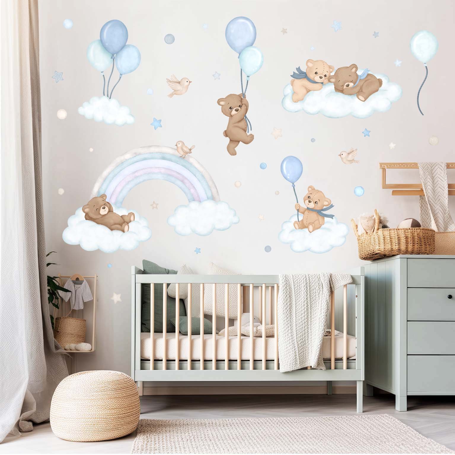 stickers muraux bebe nuages etoiles ourson bleu