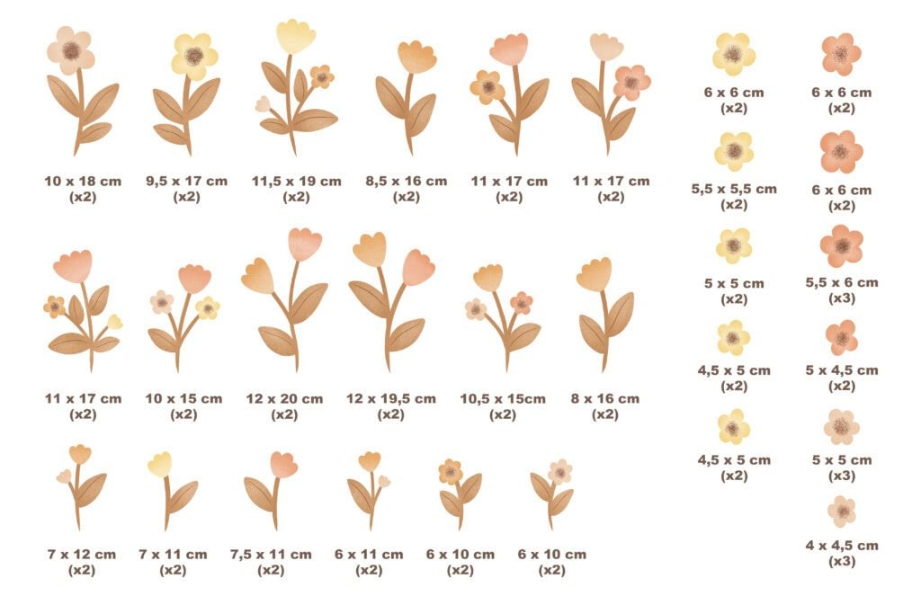 dimensions stickers muraux fleurs 61 pièces tailles détails produit