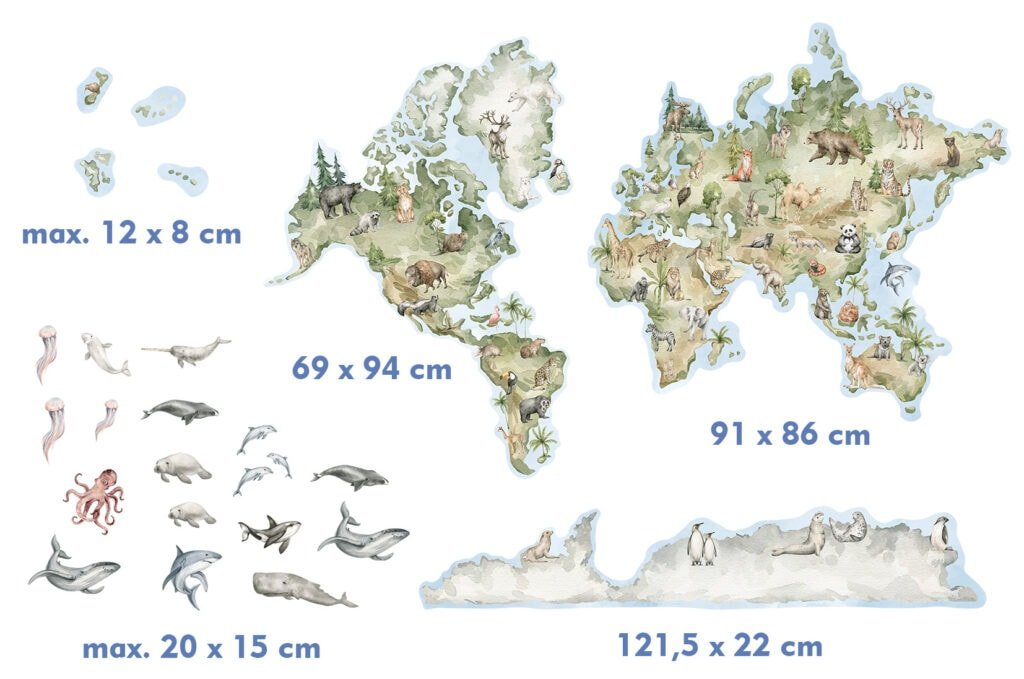 dimensions stickers carte du monde animaux enfant XL