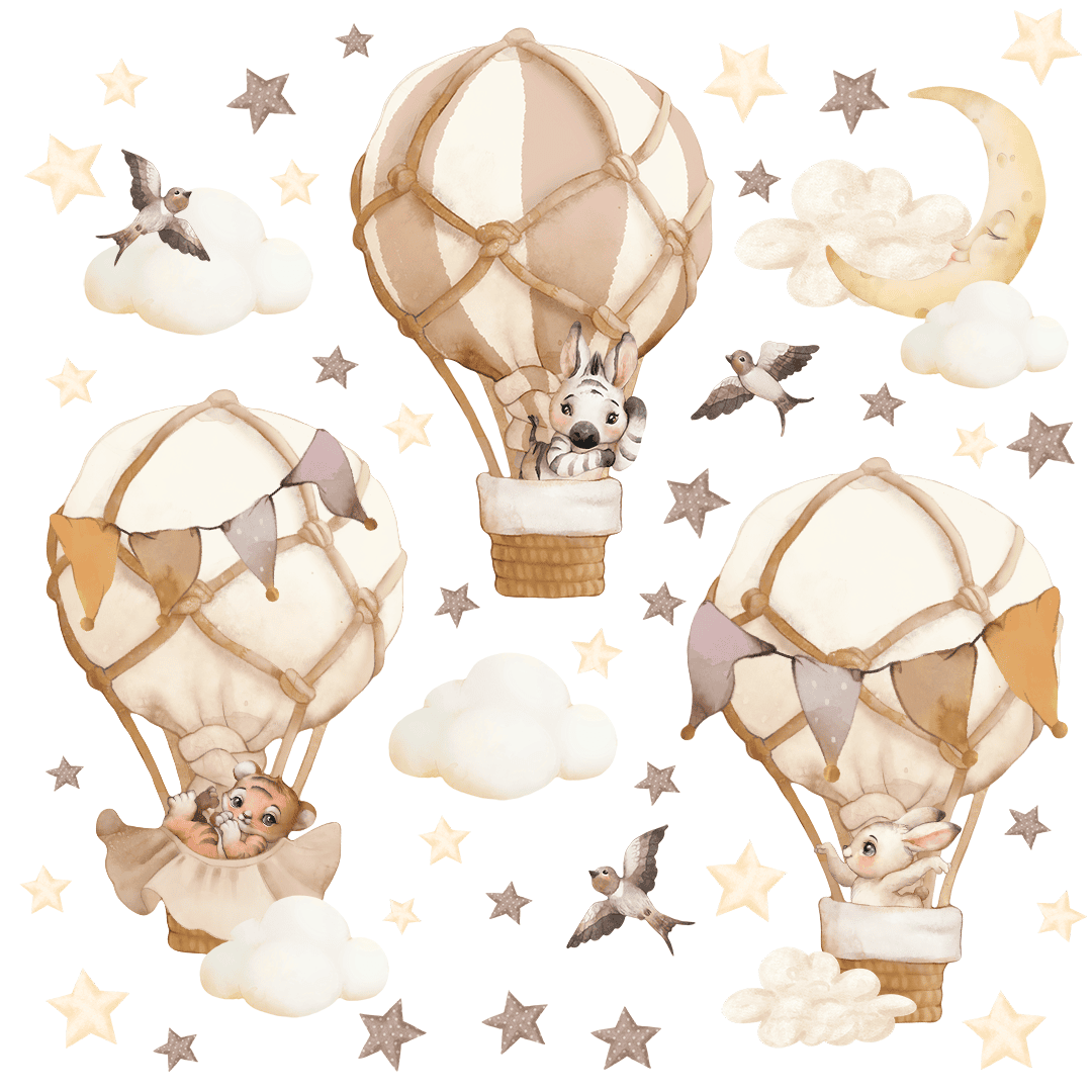 stickers muraux animaux montgolfiere beige