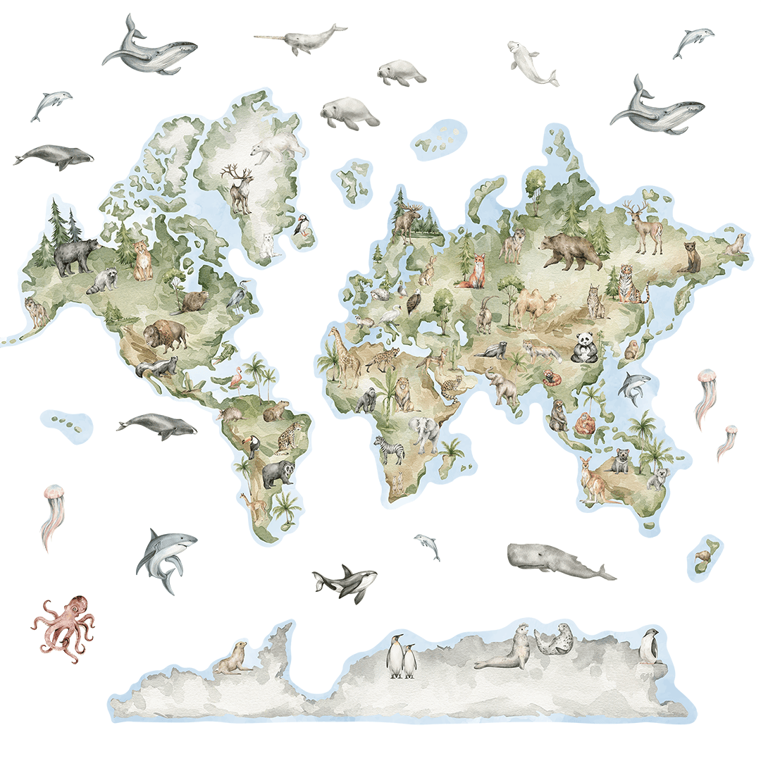 carte du monde enfant avec animaux continents décoration murale