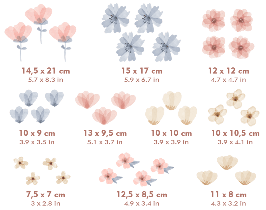 dimensions stickers muraux fleurs pastel tailles différentes 35 pièces