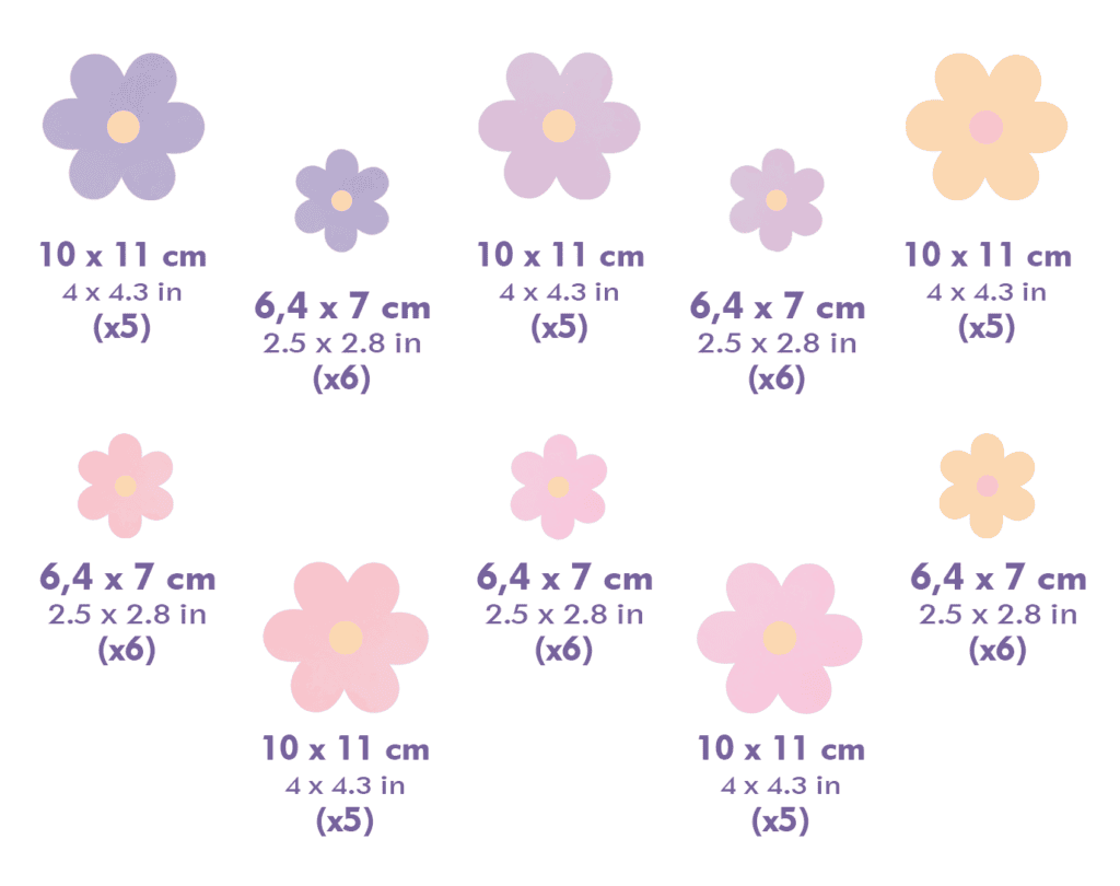 Stickers muraux fleurs pastel violet rose peche dimensions et tailles set enfant