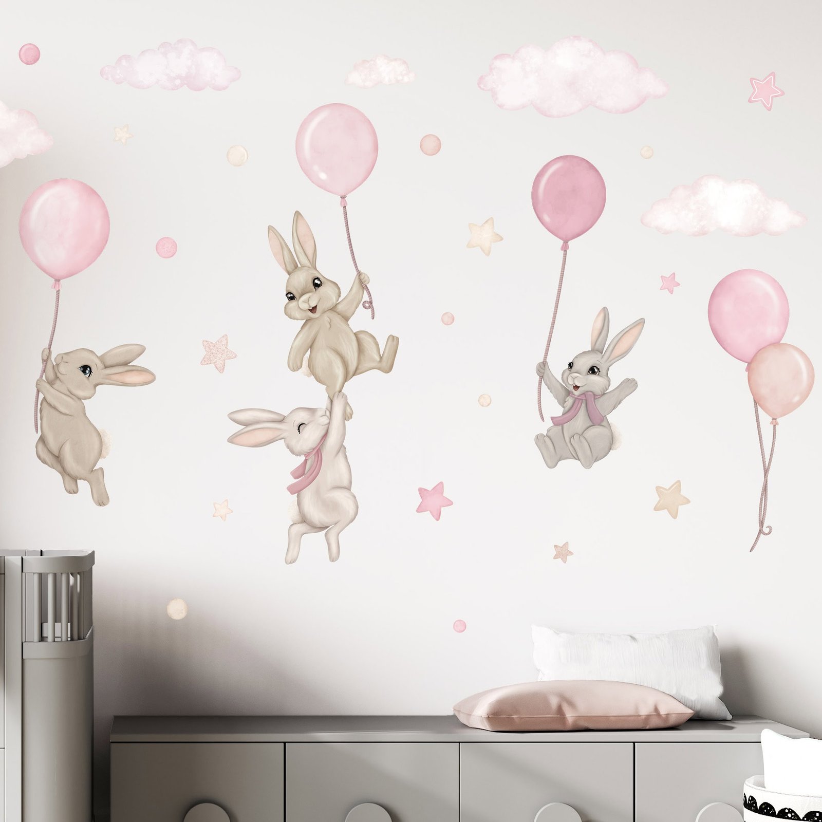lapins avec ballons rose decoration murale enfant