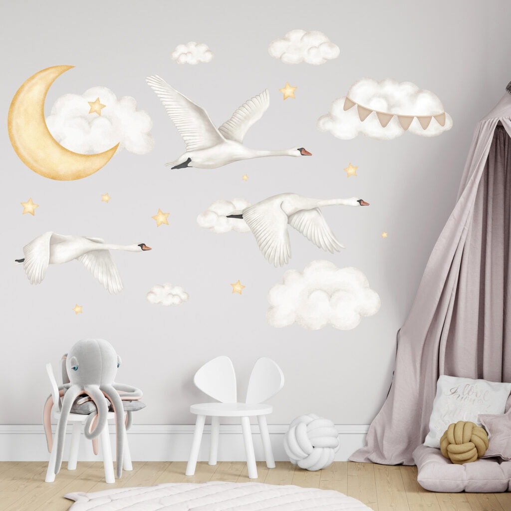 stickers cygnes effet peinture mur