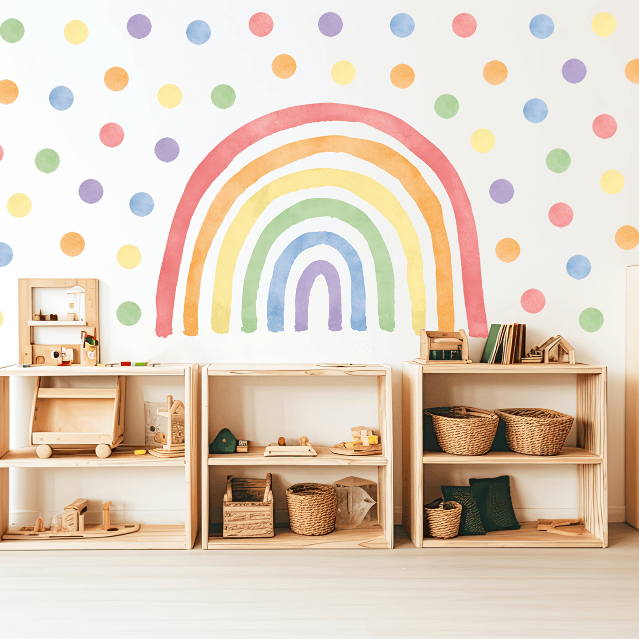 stickers muraux arc en ciel multicolore avec pois chambre enfant