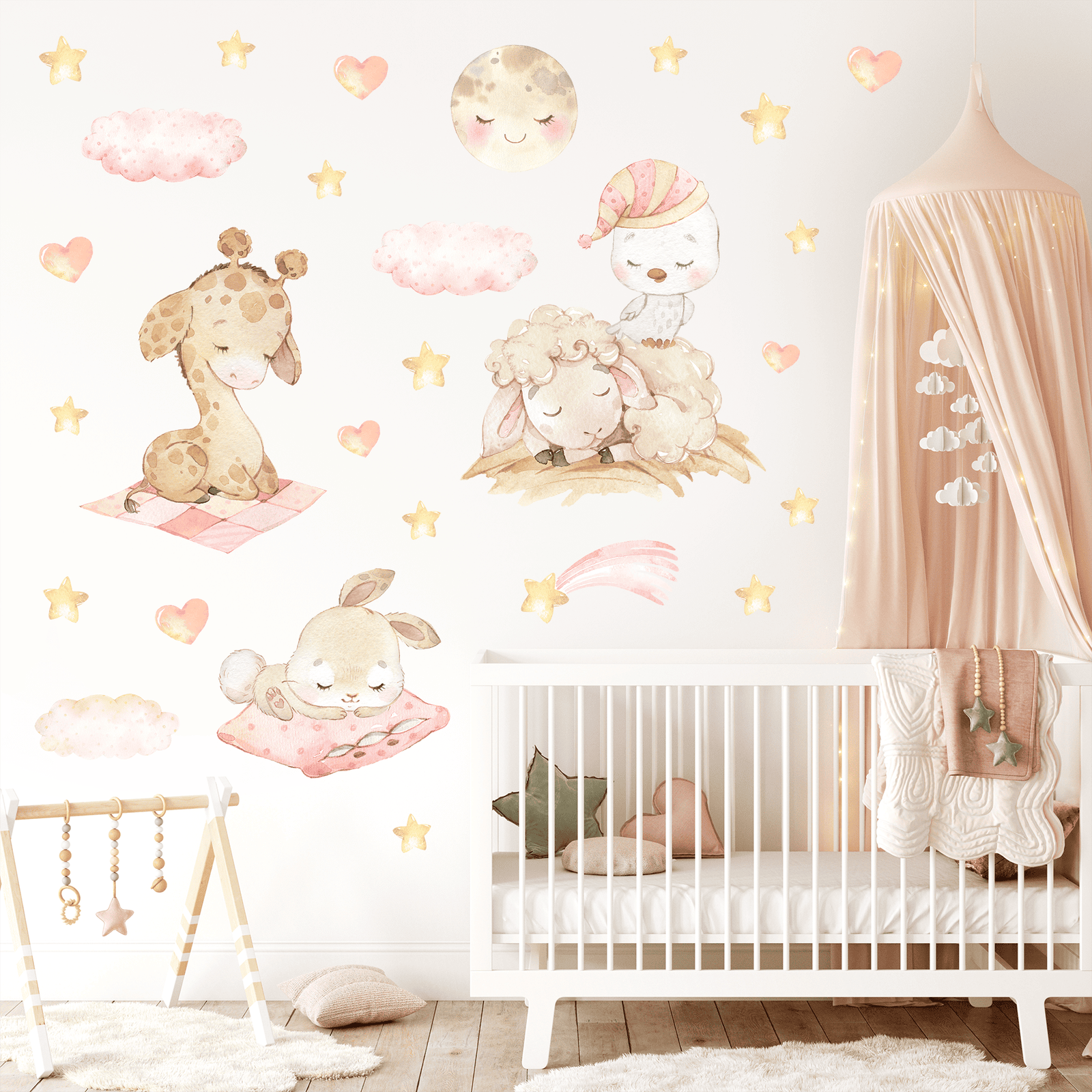 stickers muraux animaux endormis rose bébé