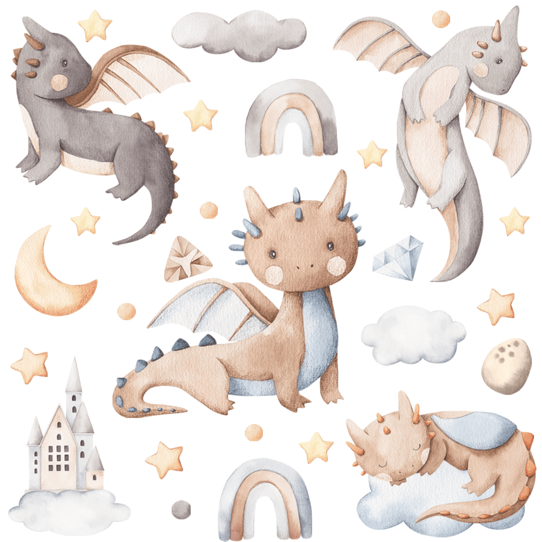 stickers muraux dragons aquarelle enfant