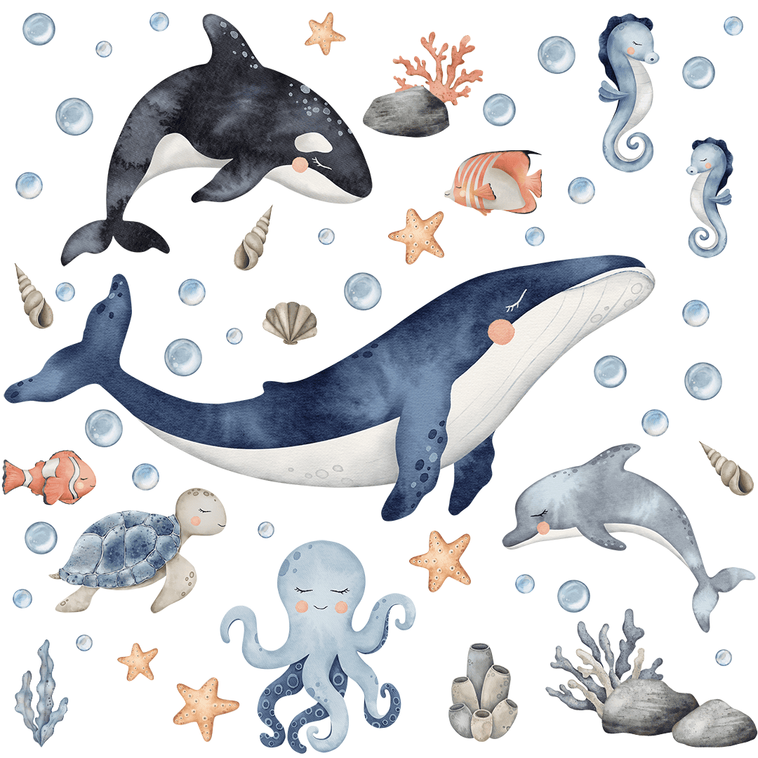 stickers muraux océan bébé animaux marins doux