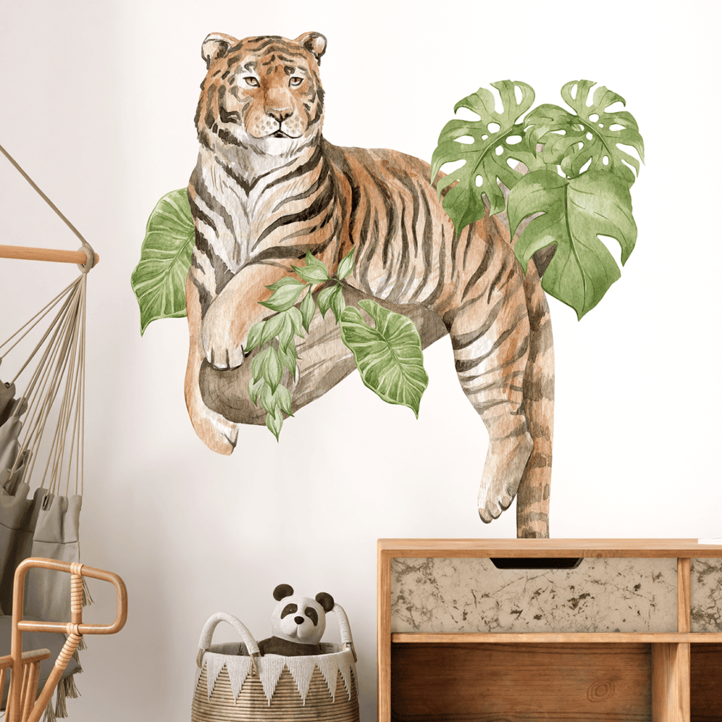 deco murale tigre feuilles tropicales