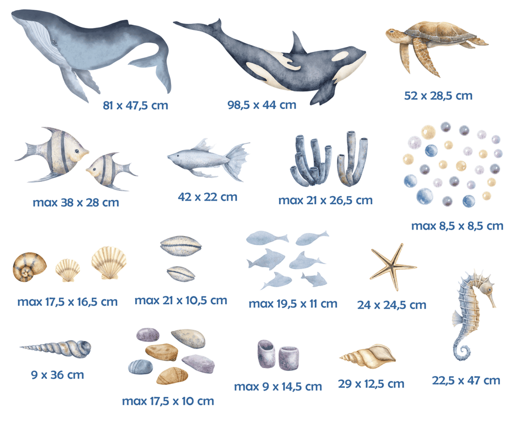 dimensions stickers muraux animaux marins XL enfant