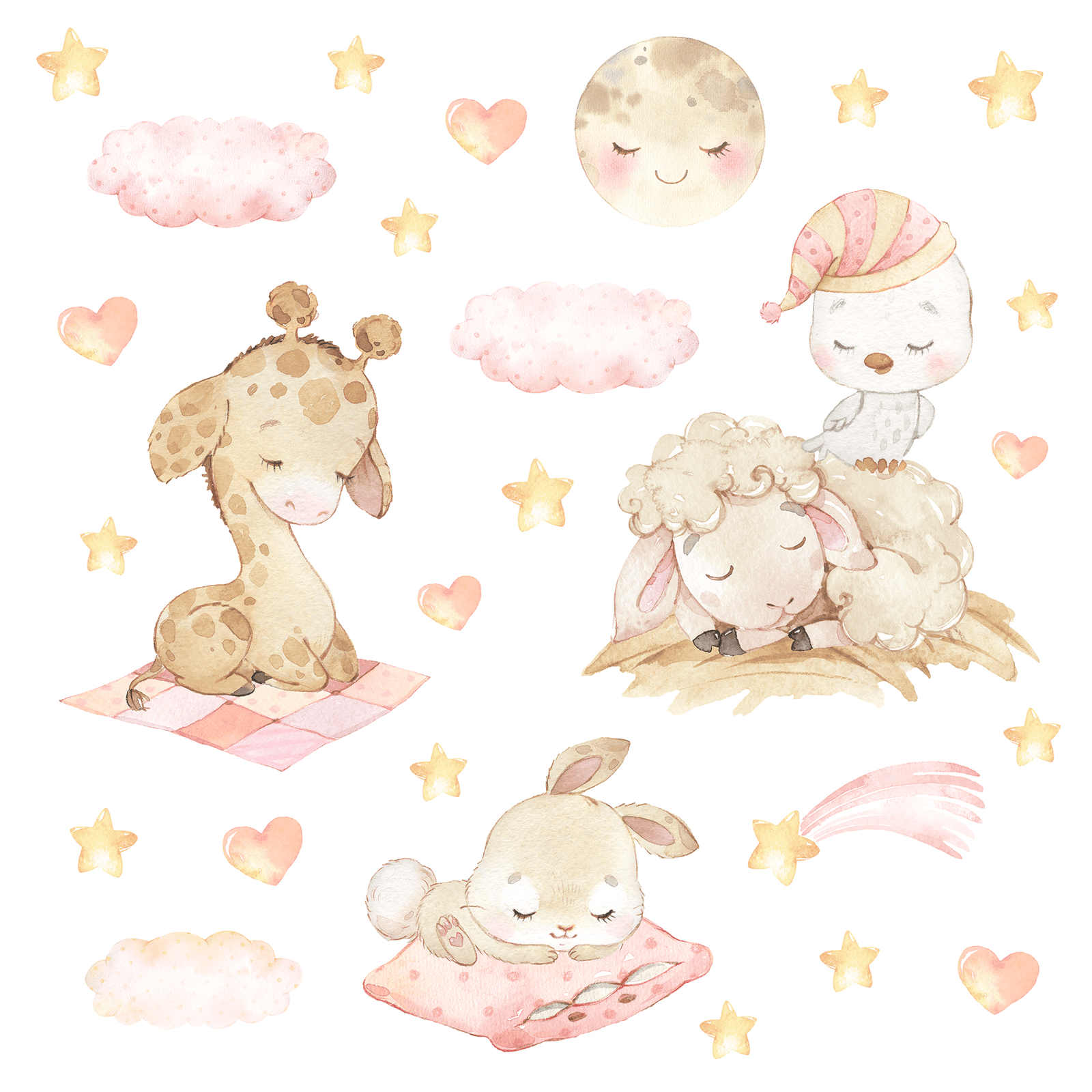 decoration murale bebe nuages lune rose