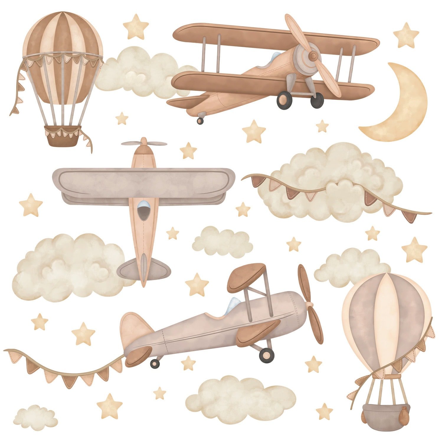 stickers muraux avions rétro bruns chambre enfant