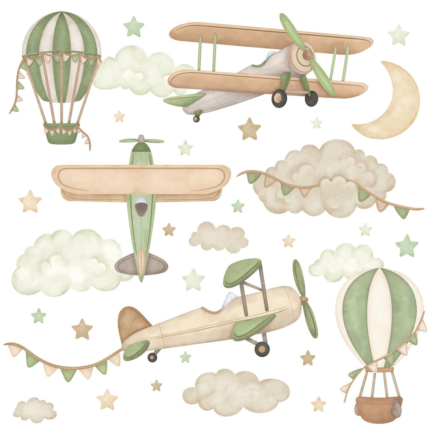 stickers muraux avions rétro verts chambre enfant