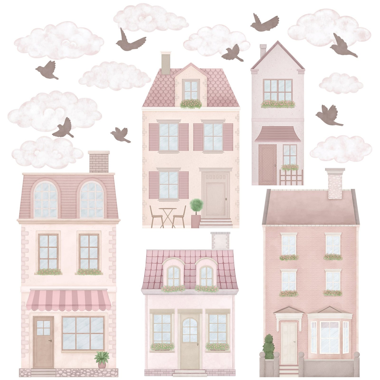 stickers muraux maisons roses chambre enfant