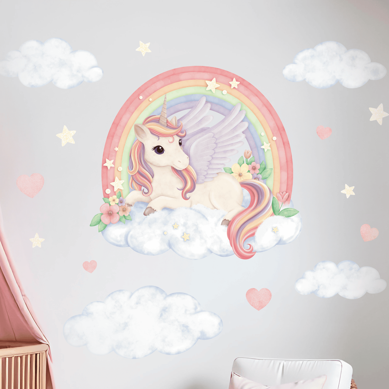 déco murale enfant licorne sur nuage et arc en ciel