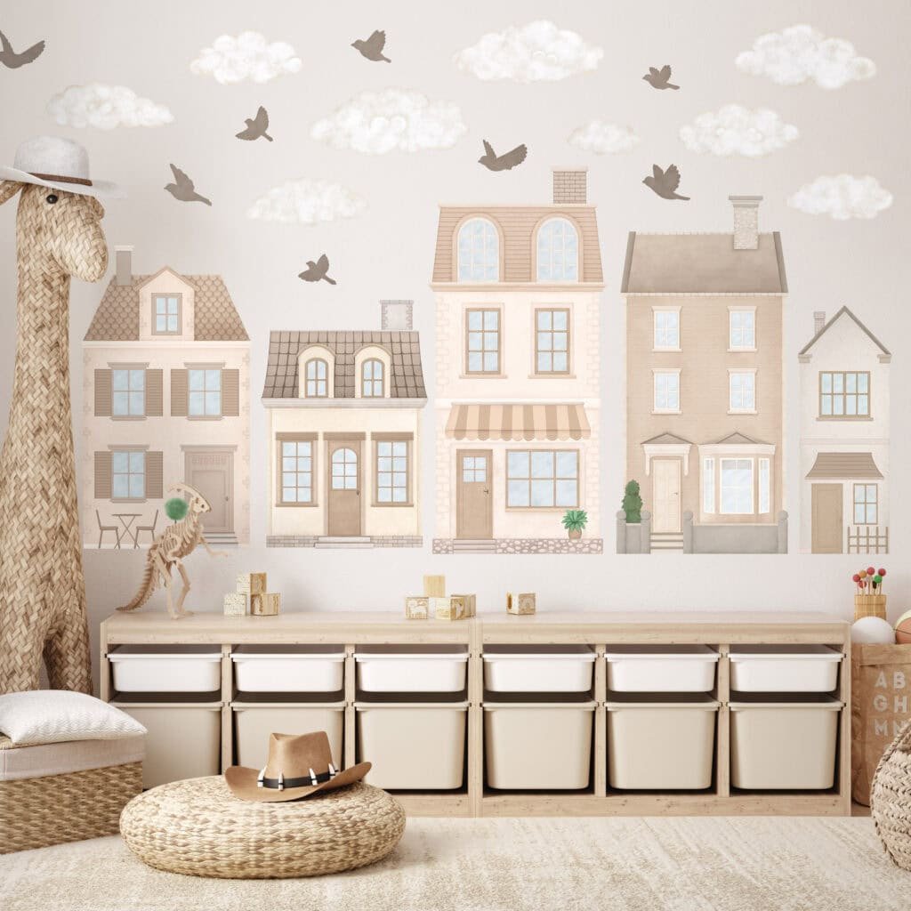 deco murale maisons roses village enfant
