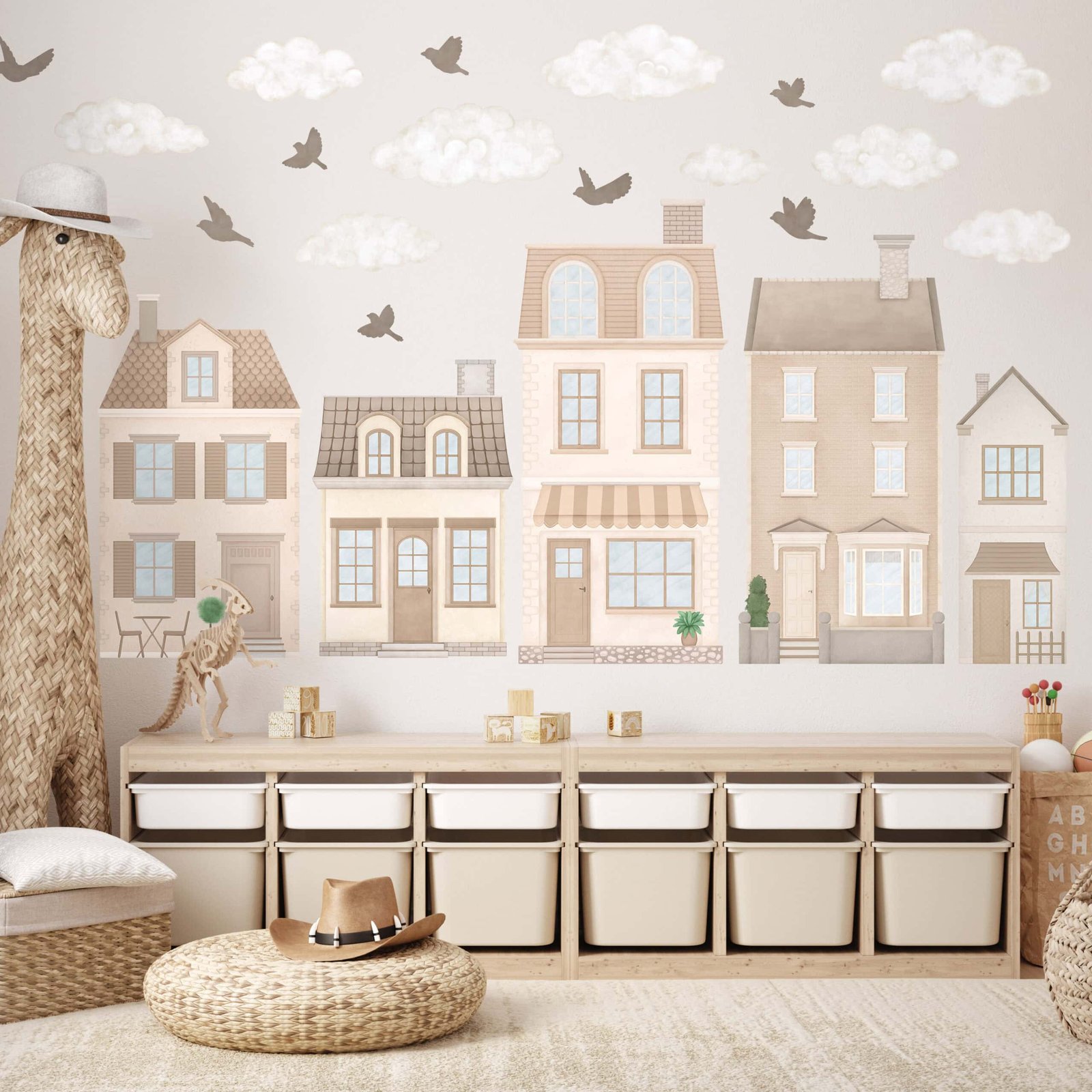 deco murale maisons roses village enfant