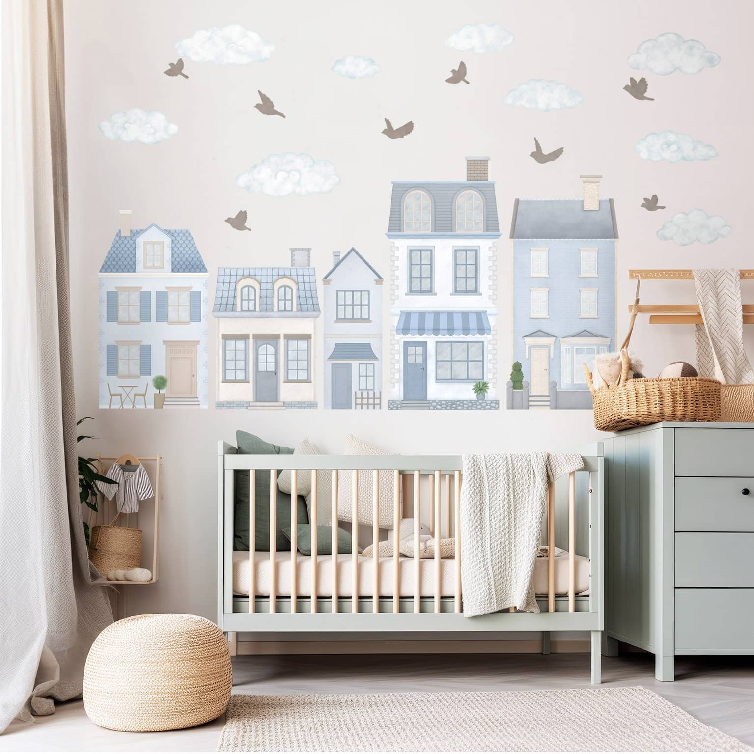 stickers muraux village maisons bleu pastel