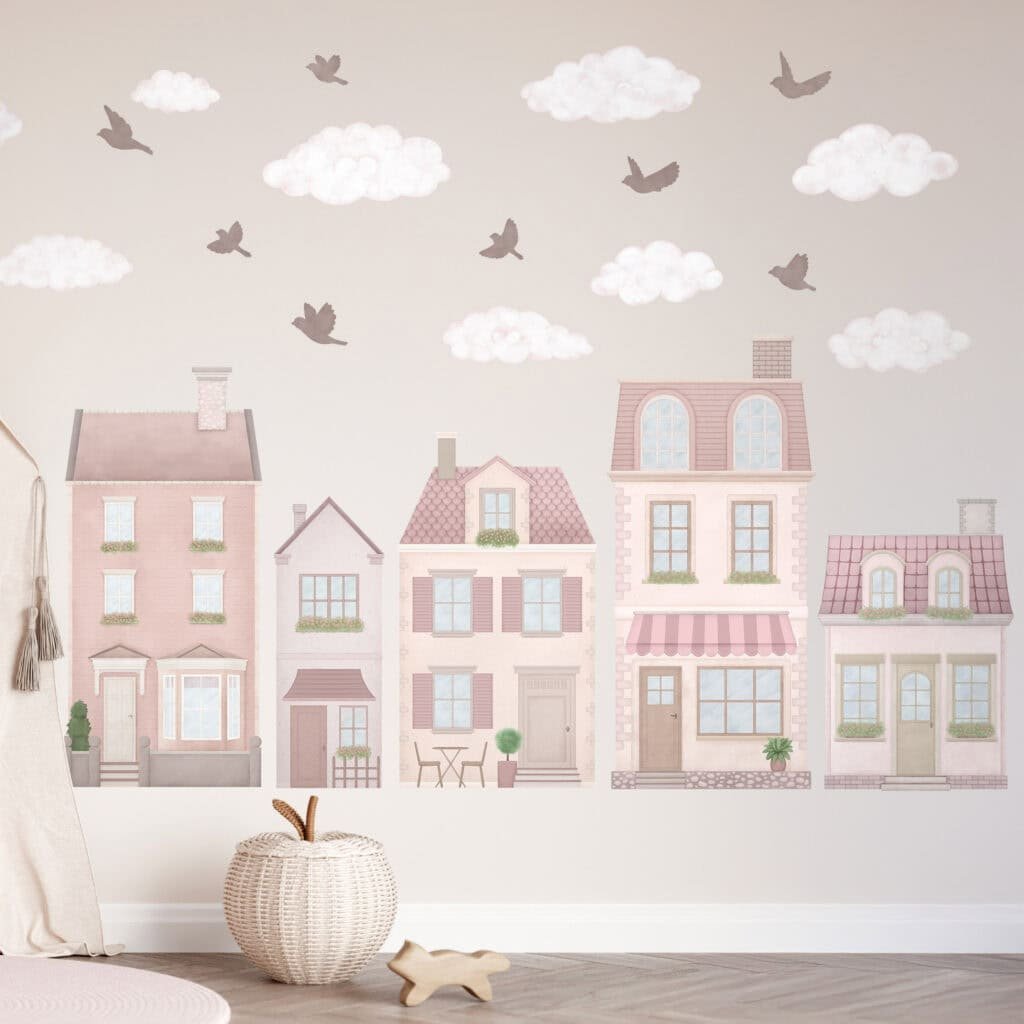 deco murale maisons roses village enfant